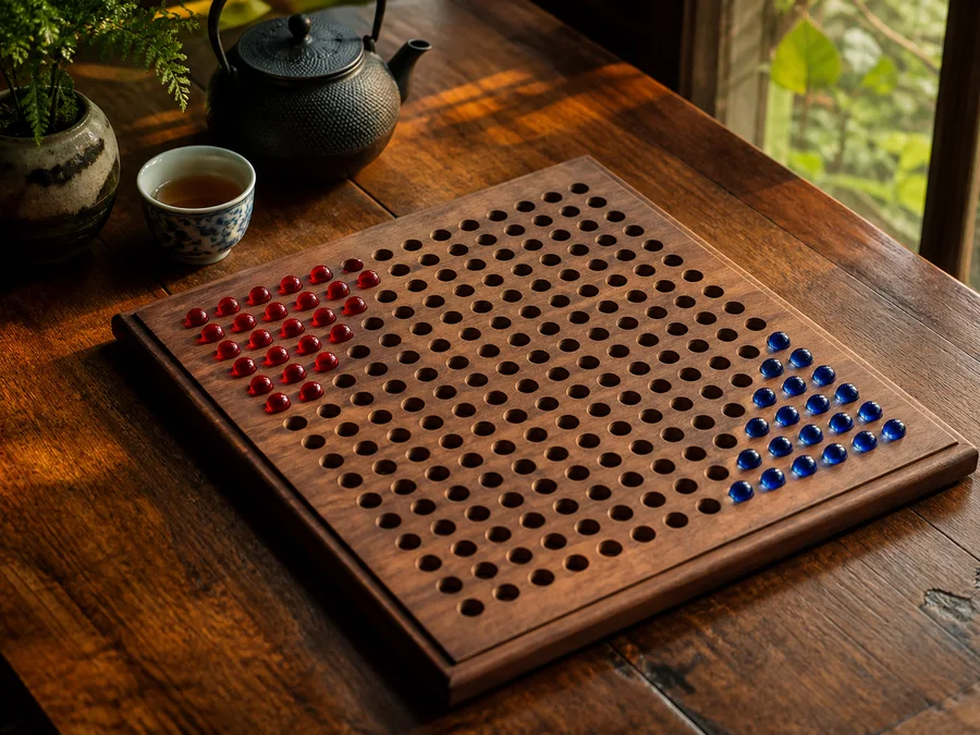 A 16×16 Halma board with red and blue marbles in opposite camps
