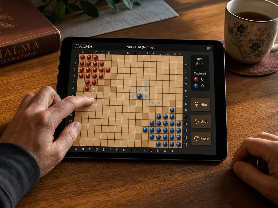 Halma AI controls for strength, hints, undo, and replay