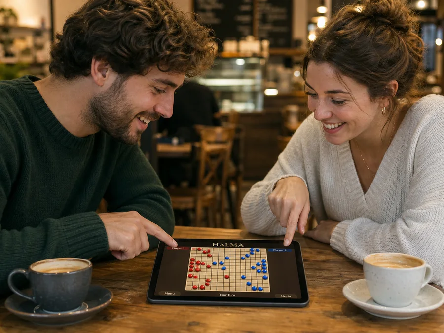 Two people playing Halma together on one tablet