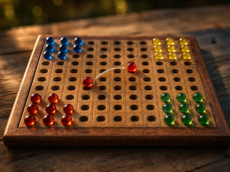 A Halma hop chain leaping over marbles onto empty holes